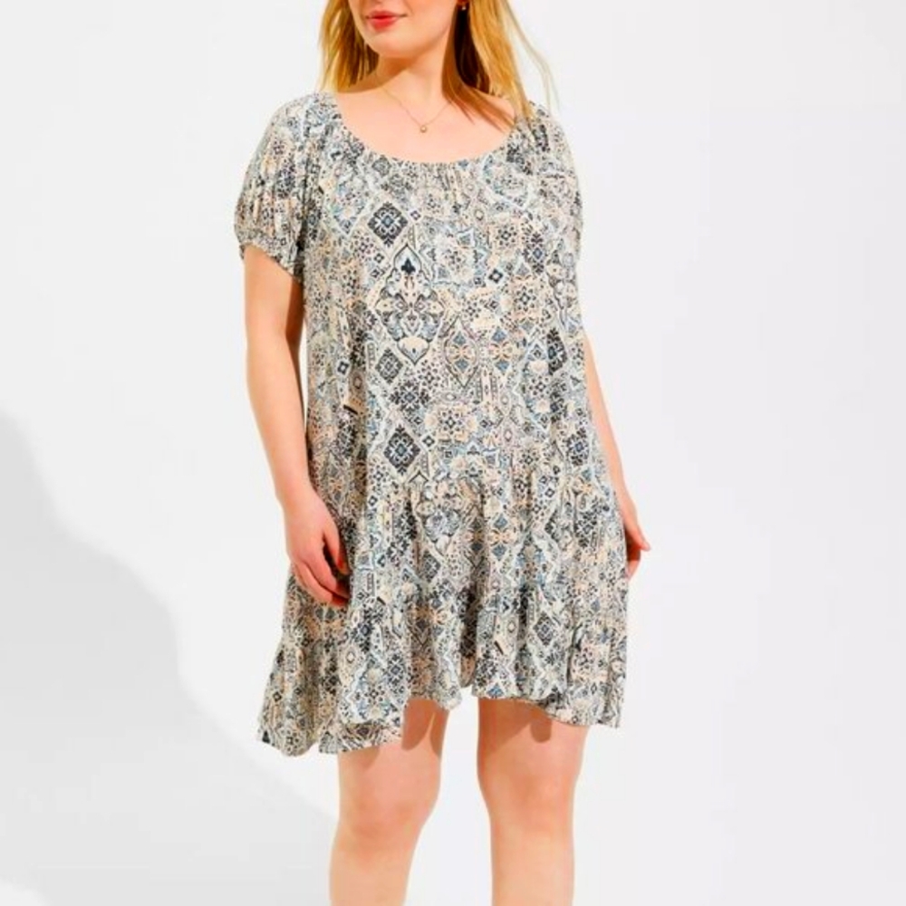 ❤NWT TORRID TRAPEZE DRESS MEDALLION PRINT PUFF SLEEVE TIERED - PLUS SIZE